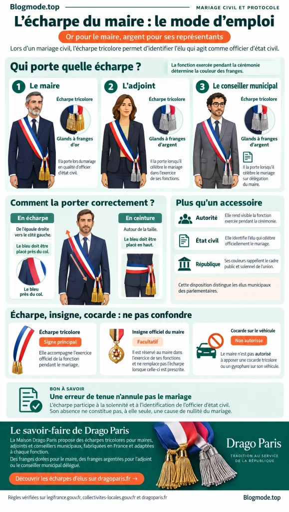 Écharpe du maire lors d’un mariage civil : port, franges or ou argent et guide illustré Drago Paris