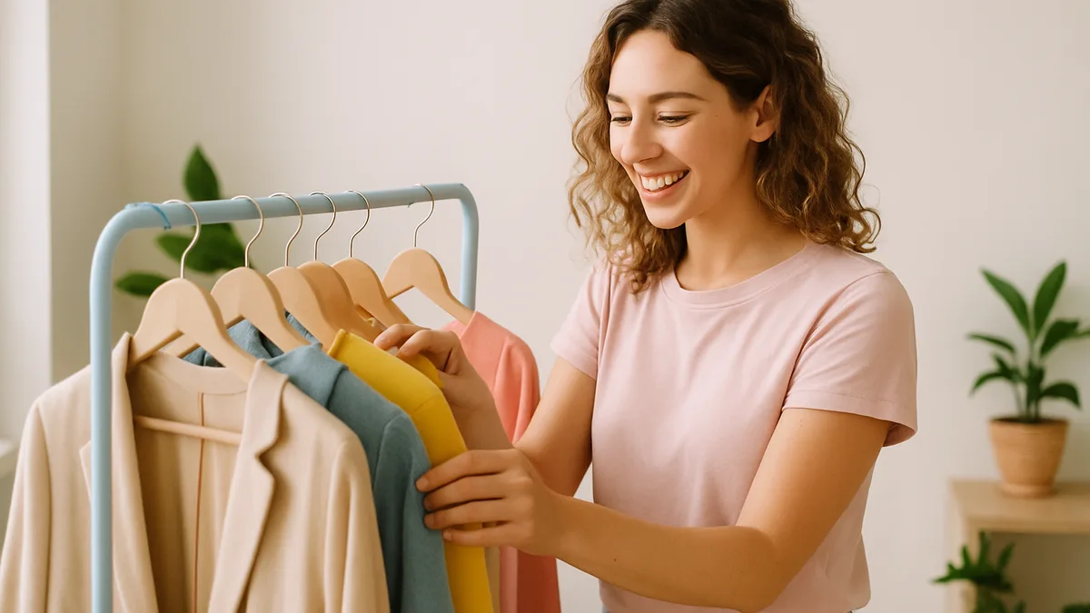 friperie caen — une jeune femme souriante qui fouille un portant de vetements vintage dans une friperie lumineuse aux murs creme, plantes discretes, palette pastel rose poudre et beige, aucun logo ni enseigne lisible
