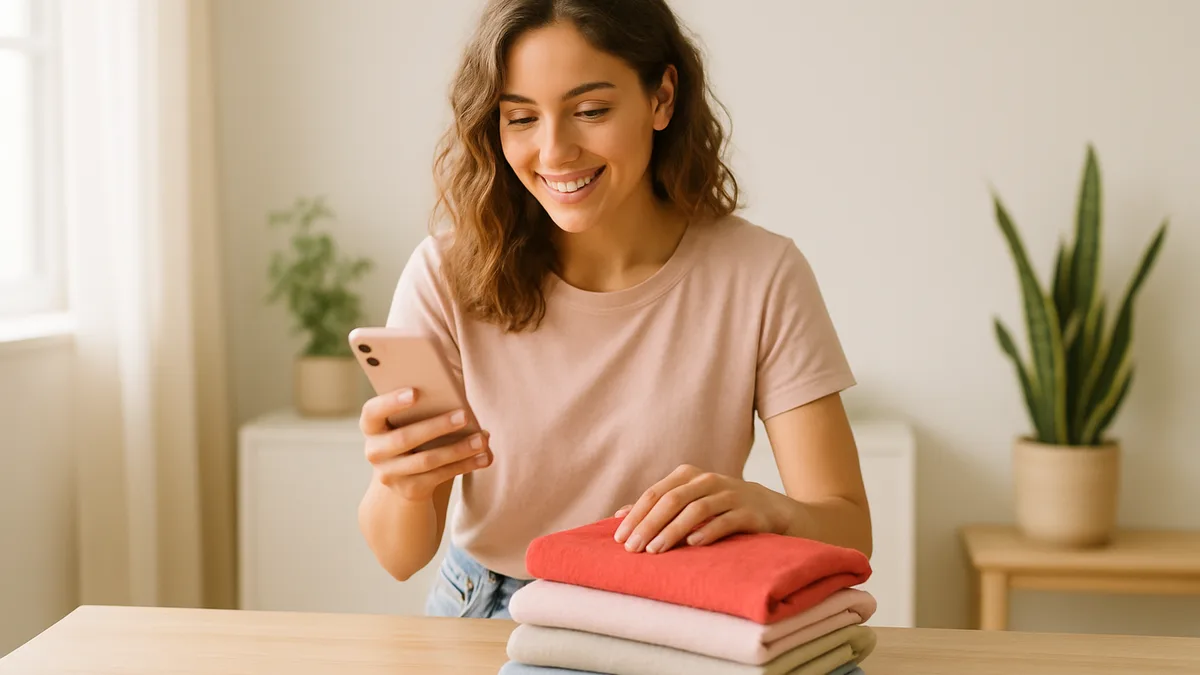 friperie grenoble — une jeune femme souriante qui chine sur un portant de vetements vintage dans une friperie lumineuse aux murs creme, cagettes en bois et plantes discretes, lumiere naturelle douce, palette pastel rose poudre et beige, aucun monument reconnaissable, aucun texte ni logo