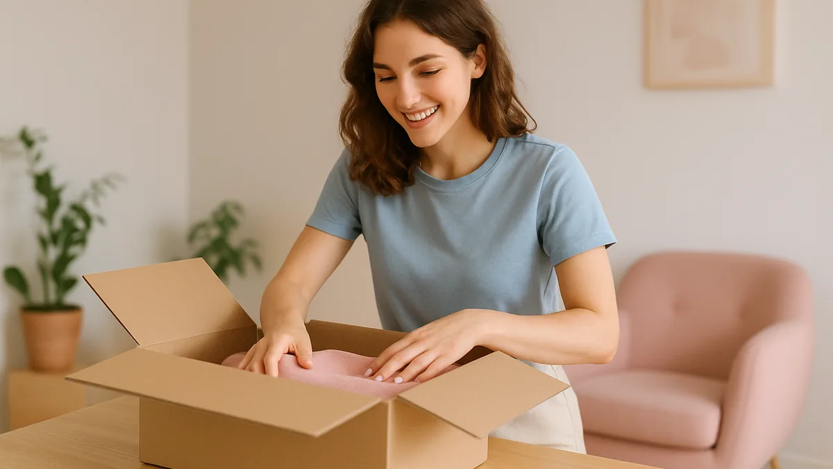friperie nancy — une jeune femme qui examine un manteau de seconde main sur un portant bien range dans un depot-vente clair et epure, murs blancs, lumiere naturelle douce, tons pastel beige et bleu clair, aucun logo ni texte visible