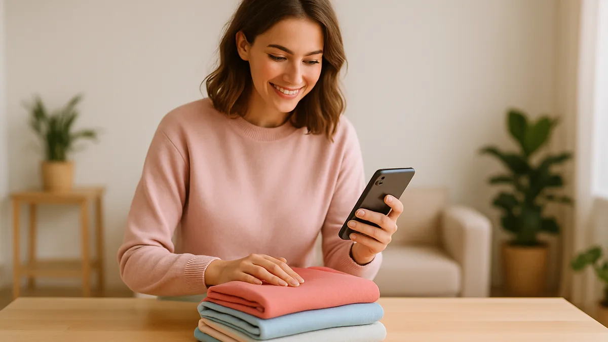friperie reims — une jeune femme souriante qui chine sur un portant de vetements vintage dans une friperie lumineuse aux murs creme, cagettes en bois et plantes discretes, lumiere naturelle douce, palette pastel rose poudre et beige, aucun monument reconnaissable, aucun texte ni logo