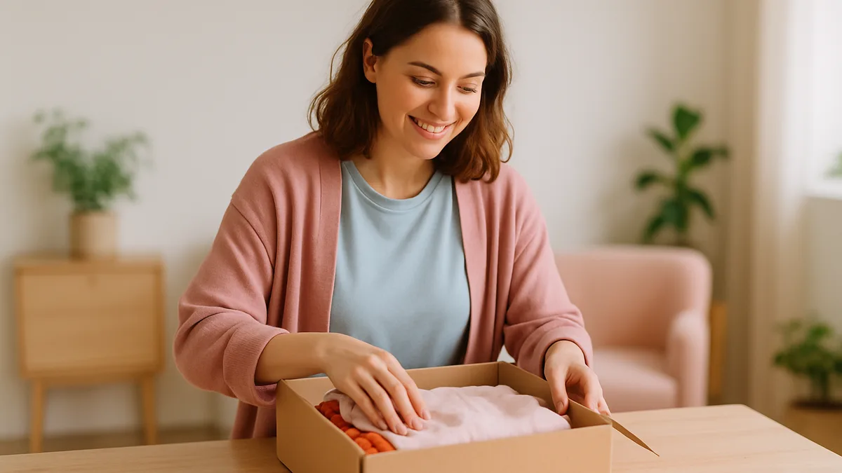 friperie saint-etienne — une jeune femme qui examine un manteau de seconde main devant un portant bien range dans une boutique claire et epuree, lumiere naturelle douce, tons pastel, aucune marque ni texte visible