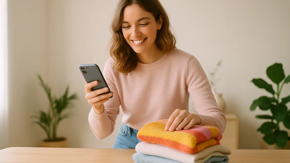 friperie strasbourg — une jeune femme souriante qui chine sur un portant de vetements vintage dans une friperie lumineuse aux murs creme, cagettes en bois et plantes discretes, lumiere naturelle douce, palette pastel rose poudre et beige, aucun monument reconnaissable, aucun texte ni logo