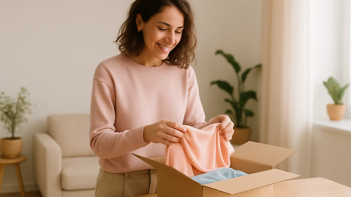 friperies angers — un portant de vetements vintage colores et une pile de pulls plies sur une table en bois dans une friperie lumineuse, murs creme, plante verte, lumiere naturelle douce, aucun texte ni logo