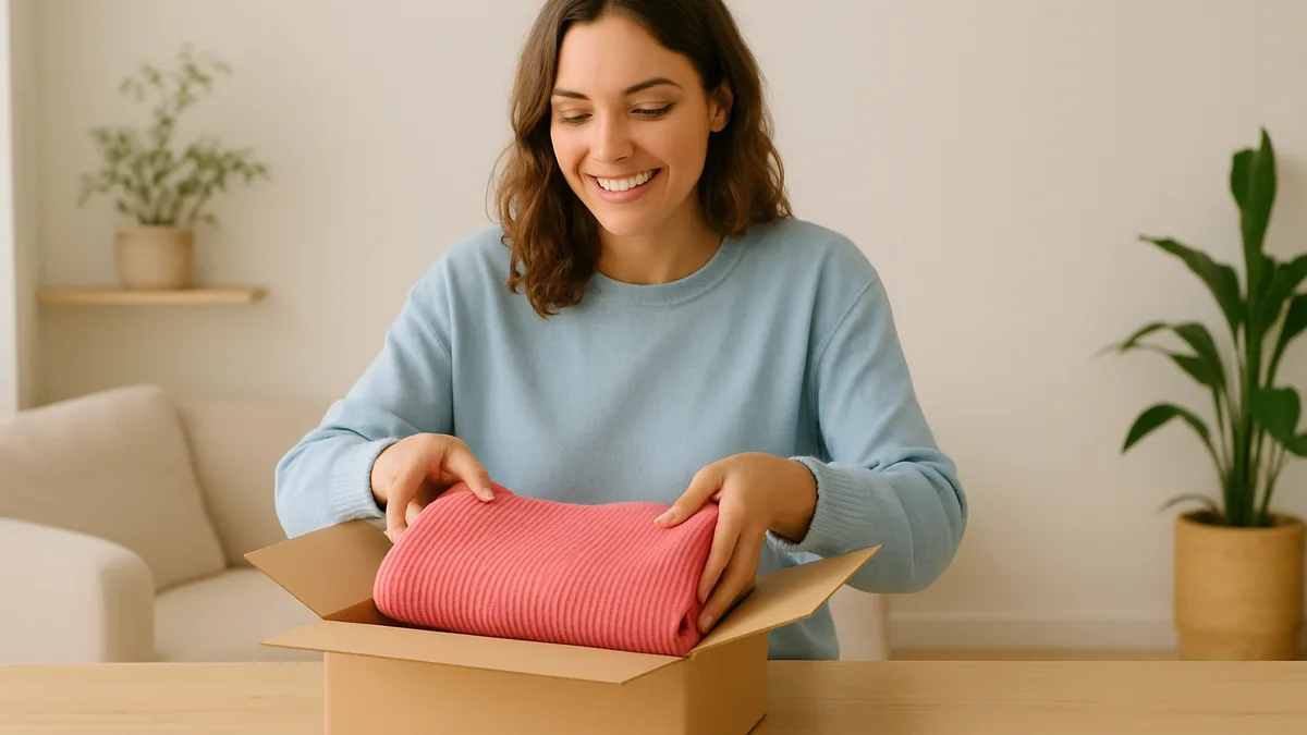 site comme vinted — une jeune femme assise sur un canape clair, telephone en main, devant plusieurs piles de vetements plies tries par categorie, lumiere naturelle, tons pastel beige et rose poudre, aucun ecran lisible ni logo