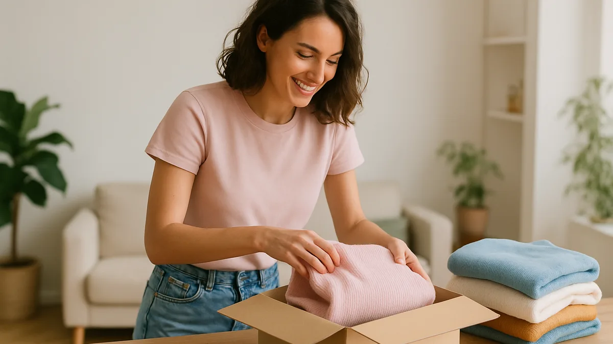 vinted allemagne — une jeune femme qui prepare un colis de vetements sur une table en bois clair, ruban adhesif et etiquette vierge, appartement lumineux aux murs blancs, palette pastel, aucun logo ni interface d'application visible