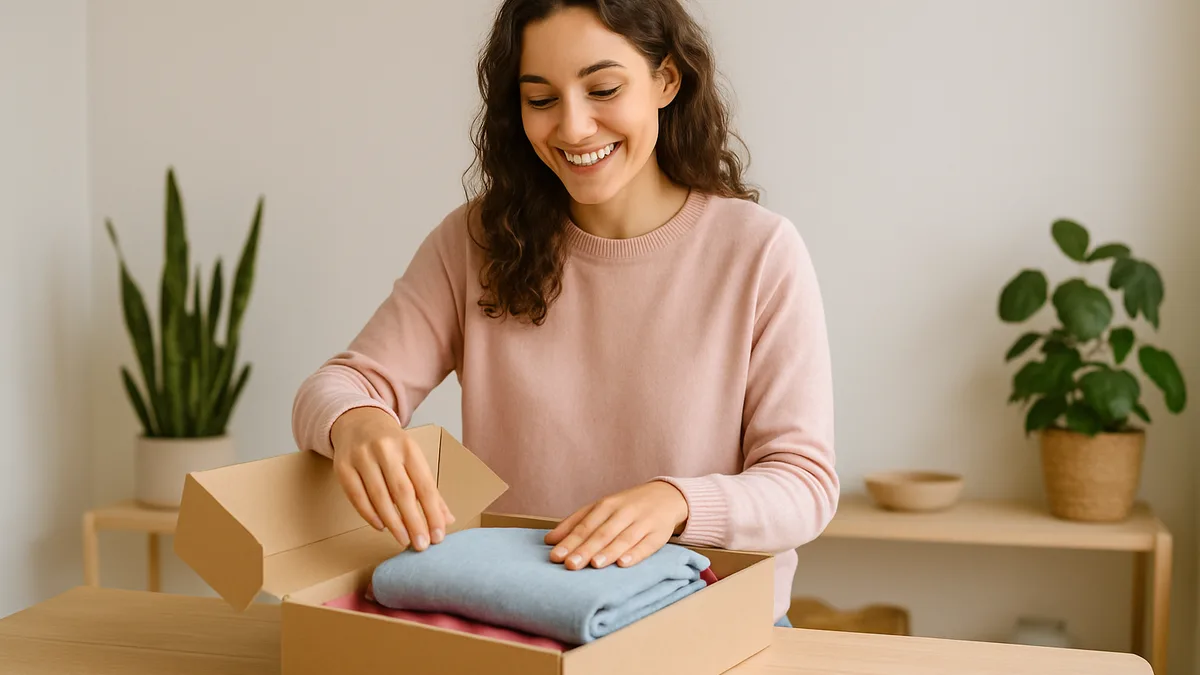 vinted go lille — une jeune femme qui prepare un colis de vetements sur une table en bois clair, ruban adhesif et etiquette vierge, appartement lumineux aux murs blancs, palette pastel, aucun logo ni interface d'application visible