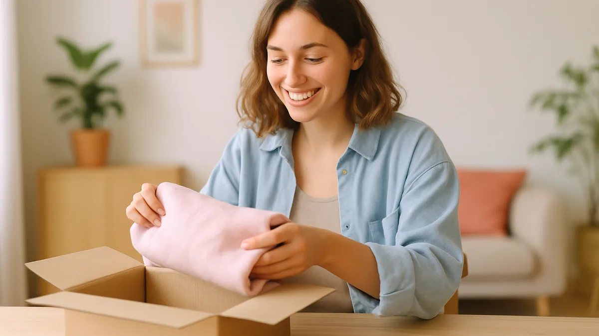 vinted go paris — une jeune femme qui depose un colis de vetements dans un casier automatique generique en pied d'immeuble clair, sac en tissu a l'epaule, lumiere naturelle douce, tons pastel, aucune enseigne, aucun logo, aucun texte