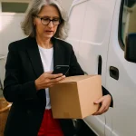livreur consultant une application de tournée sur son smartphone