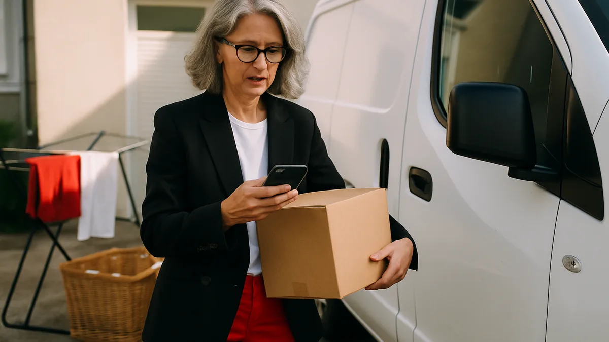 livreur consultant une application de tournée sur son smartphone