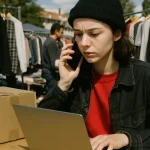personne contactant un service client au téléphone, colis sur le bureau